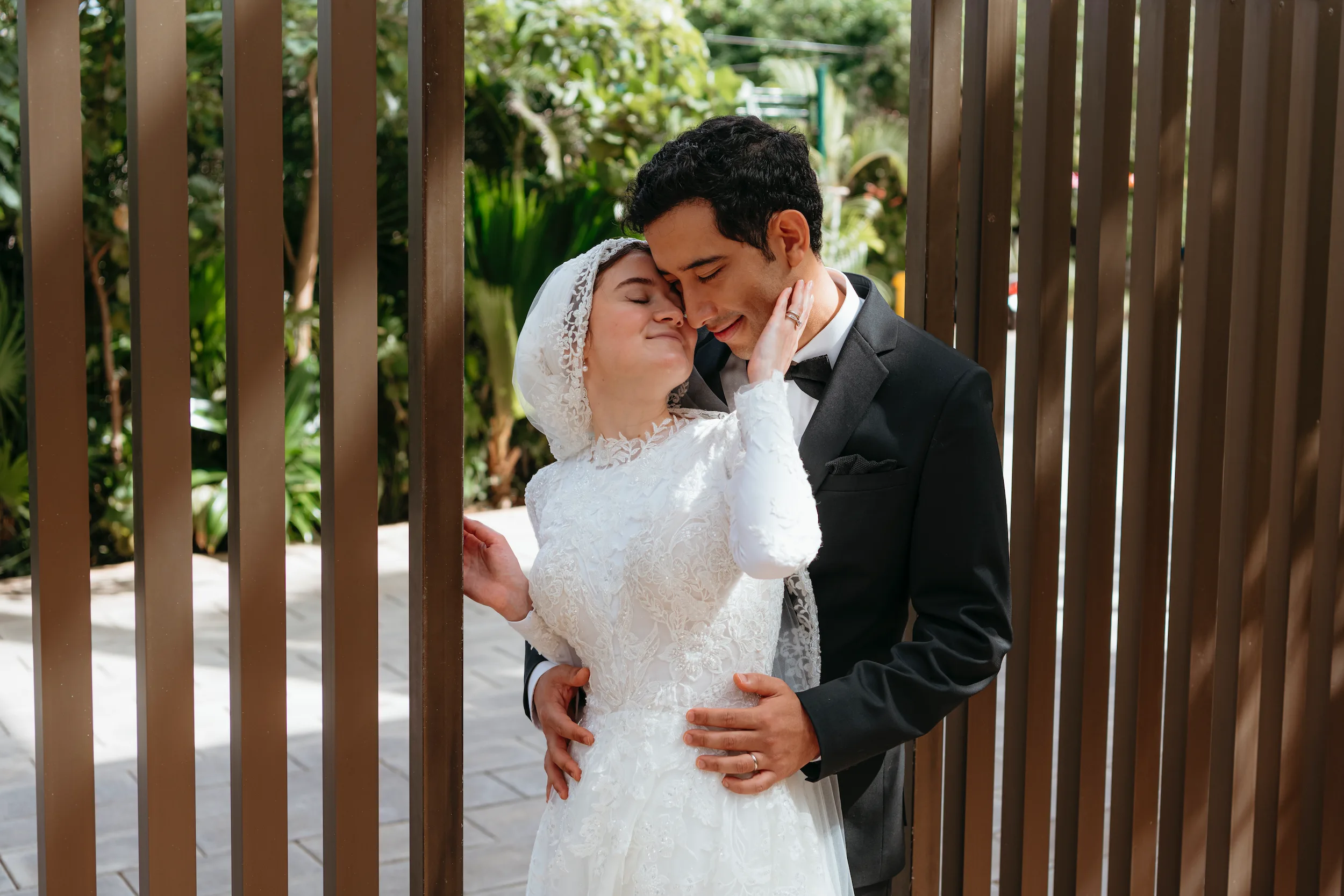 Couple celebrating in field